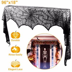2 Piezas de Mantón de Halloween de 96"x18" con Encaje Negro, Diseño de Telaraña y Murciélago, Tela Suave Antiarrugas para Decoración del Hogar - Product Image 5