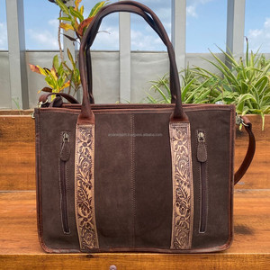 Western Hand Tooled Brown Suede Leather Boot Stitch Tote Bag <b>Concealed</b> Carry Laptop Bag Premium Genuine Leather Purse for Women - Product Image 4