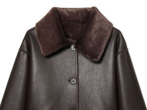 Veste en similicuir marron vintage de luxe pour femme avec col en fourrure, manteau d'hiver chaud et épais en peau de mouton, blouson bomber en cuir PU surdimensionné - Product Image 3