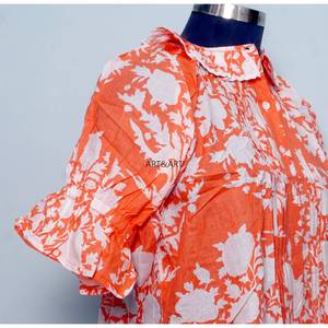 Top Vintage Indian Style Sweet Floral Print 100% Cotton Washable Casual Feminine Touch Frilled O-Neck Regular Half Sleeve <b>Tunic</b> - Product Image 5