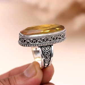 Vintage <b>925</b> <b>Silver</b> Cocktail <b>Ring</b> With Oval Cut Yellow Topaz Bezel Setting Women's Statement Jewelry - Product Image 2