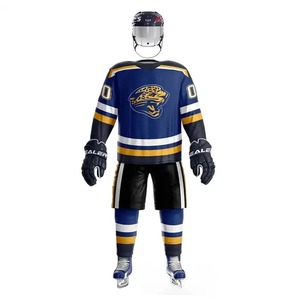 Navy Blue <b>White</b> V-stripe Printed Short Hockey Uniform Full Set Helmet Jersey Pants Gloves <b>Socks</b> Custom Name Number Sublimation - Product Image 1