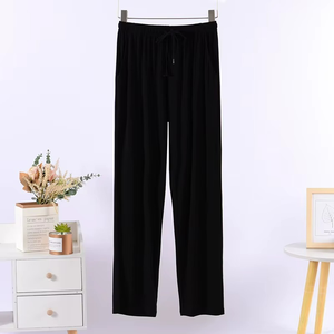Women Solid <b>Black</b> Knitted Drawstring Sleep Bottoms Casual Full Length Soft Mid Rise Pants Summer Wear - Product Image 1