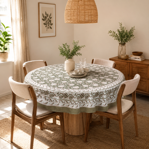 Indian Artisan Hand Block Floral Print Cotton 4 Seater Round <b>Dining</b> <b>Table</b> <b>Cover</b> Durable Washable Sustainable Floral Design - Product Image 5