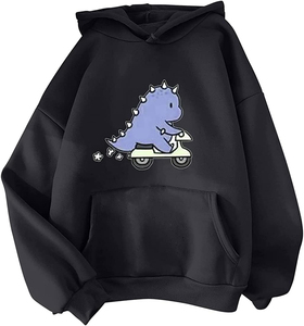 Sweat-shirt à capuche pour femme imprimé dinosaure mignon buvant du bubble tea, décontracté, tricoté, noir, motif dessin animé, poche avant - Product Image 3