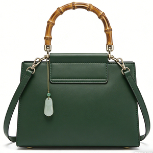 Bolso de Mano Personalizado 2026, Portátil, de Cuero PU, con Asa de Bambú, Decoración de Jade, Cuadrado, Clásico, de Diseño para Mujer - Product Image 4