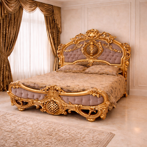 Lit en bois massif royal avec finition métallique dorée, meubles de chambre à coucher de style palais, ensemble de lit king size de luxe, lit en bois sculpté Atlanta - Product Image 2