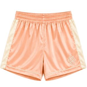 Conjunto de pijama de satén color melocotón para mujer, top de manga corta con cuello en V y pantalones cortos con ribete en contraste, ropa de dormir suave, personalizada OEM ODM. - Product Image 6