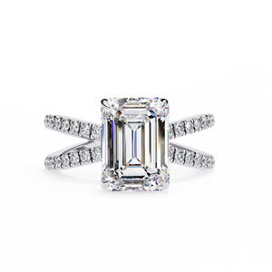 Bague de fiançailles classique en diamant de laboratoire taille émeraude pour femme, plaqué rhodium or 10 carats, certifiée IGI, sertissage pavé géométrique - Product Image 1