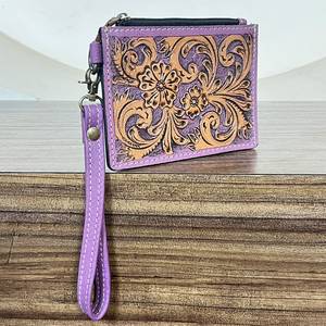 Monedero de Cuero Genuino Estilo Occidental con Diseño Floral, Cierre de Cremallera, Cartera de Muñeca Vintage Tallada a Mano - Product Image 3