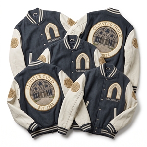 Veste universitaire personnalisée OEM en laine avec manches en cuir, broderie Cloister Guild Arcade, patch Archivolt, manteau bleu ardoise - Product Image 1