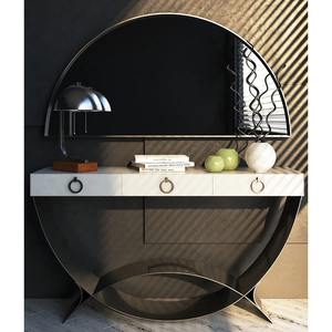 Table console convertible Art déco moderne blanche avec 3 tiroirs de rangement et base en métal noir en forme de croissant unique pour entrée d'hôtel - Product Image 4