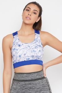 Women's Blue White Abstract Print Racerback Sports Bra Scoop Neck Medium Support Yoga Activewear Top Contrast Binding Breathable - Product Image 3