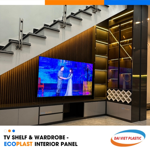 Estilo contemporáneo Patrón de madera PVC Panel interior Luces LED Soporte de TV con escaleras Fábrica de fabricación superior Vietnam Uso doméstico - Product Image 4