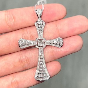 925 Silver Moissanite <b>Cross</b> Pendant Baguette Cut Channel Setting Religious Unisex <b>Charm</b> - Product Image 2