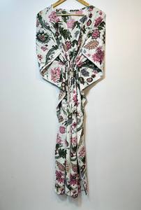 Nuevo Kaftán con Estampado Animal, Cuello en V, Cordón Ajustable, Manga Corta, Corte Evase, de Algodón Suave Indio, con Encaje, Largo Completo, para Playa, para Mujer - Product Image 4