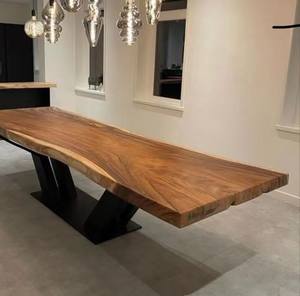 Table à manger rectangulaire en bois massif rustique écologique faite à la main, design moderne, pieds en métal multifonctionnels et stables, 6 places - Product Image 2