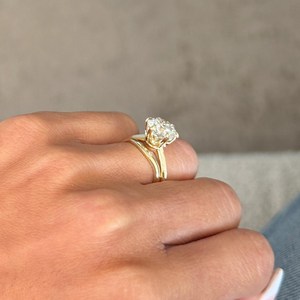3 Carat Round Cut Lab Grown Diamond Engagement <b>Ring</b> Set Solitaire <b>Ring</b> and <b>Plain</b> Wedding Band 14k Yellow Gold IGI Certified - Product Image 6