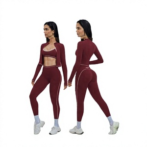Women <b>Maroon</b> Yoga Set High Waist Leggings Racerback Sports Bra Sleeveless Jacket Contrast Binding Four-Way Stretch 5-Piece Front - Product Image 4