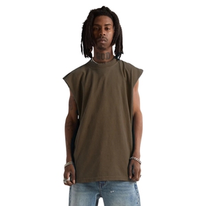 Camiseta sin mangas marrón personalizada de algodón grueso, estilo oversize con hombros caídos, vintage, lisa, casual para hombre - Product Image 1