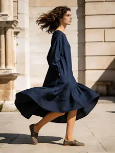 Women Plain Navy Blue <b>Boho</b> Maxi <b>Dress</b> <b>Long</b> Sleeve Oversized Loose Fit Round Neck Tiered Hem Casual Elegant <b>Dress</b> - Product Image 2