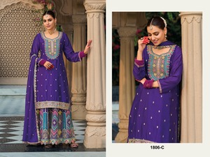 Nouvelle collection Automne Hiver : Ensemble Salwar Kameez indien 3 pièces décontracté à manches longues, en chinon épais avec broderies, séchage rapide et coupe ample. - Product Image 4