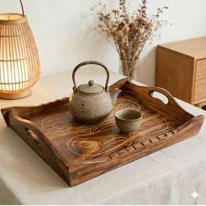 Plateau de service en bois de noyer naturel avec poignées dorées - Product Image 1