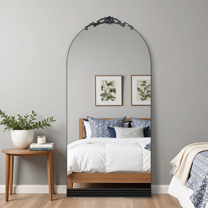 71\" X 31\" Wood Bottom Striped Right-Angled Arched Full-Length Black <b>Mirror</b> for Living & Bedroom Hanging or <b>Leaning</b> on Wall - Product Image 1