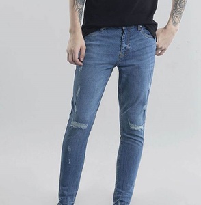 กางเกงยีนส์ผู้ชายขายส่ง MOQ ต่ำ กางเกงยีนส์สีน้ำเงิน กางเกงขาดทรงสลิมฟิต กางเกงเดนิมทรงดินสอ กางเกงยีนส์ลำลองสำหรับผู้ชาย - Product Image 1