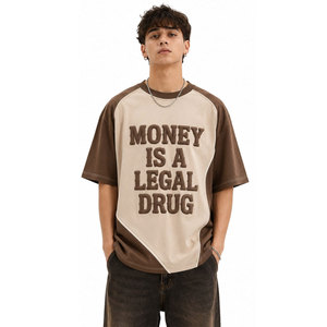 High Demand Oversized Raglan Sleeve T-<b>Shirt</b> Contrast Color Blocked Embossed Letter Design O-Neck Street Style Knitted T-<b>Shirt</b> - Product Image 3