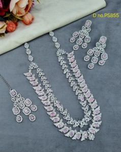 Double Layered Radiant Cut Stone Stuuded <b>Fashion</b> <b>Necklace</b> Set With Matching Earring Mang Tika Silver Plated Jewelry Set Supplier - Product Image 3