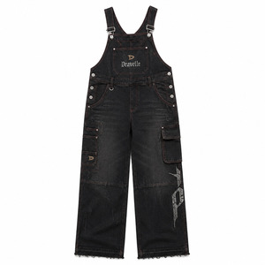 Overoles de Mezclilla Cruda para Hombre, Mono Negro con Bordado Personalizado, Unisex, Estilo Y2K, Holgado, Streetwear - Product Image 2