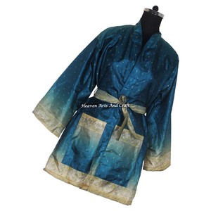 KS002 Hermoso Kimono Sari Vintage, Túnica Corta, Estampado Floral de Verano, Estilo Bohemio, Manga Larga, Holgado, para Vacaciones - Product Image 3