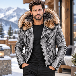 Men's Fashion Python <b>Leather</b> <b>Jacket</b> <b>Real</b> Fox Fur Hood Motorcycle <b>Biker</b> Outerwear | Herren Lederjacke <b>Biker</b> | Chaqueta Hombre - Product Image 1