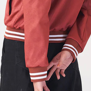 Women's <b>Red</b> Varsity Jacket Full Sleeve Button Up Collar Solid Color Autumn Wear Woven Polyester <b>Material</b> With Own Logo Print - Product Image 6