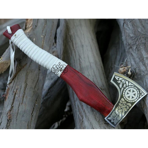 Hacha de Estilo Vikingo con Mango de Madera Roja y Envoltura de Cuero Blanco, Hoja de Acero Inoxidable, Herramienta Resistente para Bushcraft al Aire Libre - Product Image 3