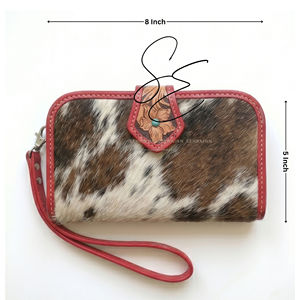 Western Tooled Leather Clutch Wallet <b>Red</b> Cowhide Hair On Hide Wristlet Floral Engraved Cowgirl <b>Purse</b> Women - Product Image 3