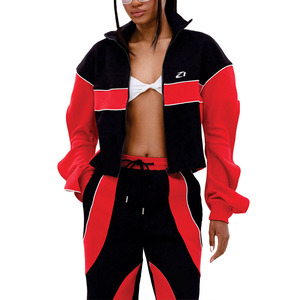 Trendy Women's Contrast Panel Ribbed Windbreaker Tracksuit Custom <b>Zip</b> <b>Up</b> <b>Jacket</b> Flare Sleeve Jogger Fashion Streetwear Hoodies - Product Image 1