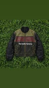 Blouson moto noir bordeaux matelassé avec manches et détails latéraux à lacets, blouson moto color block noir bordeaux olive - Product Image 6