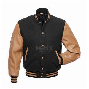 Chaqueta Varsity Clásica Negra con Contraste, Mangas de Cuero Color Bronceado, Tela de Lana, Logotipo Personalizado, Chaqueta Universitaria de Béisbol - Product Image 1