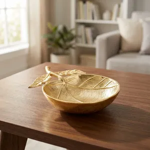 Cuenco Redondo Dorado con Diseño de Hojas y Vetas, Cuenco Decorativo de Metal para Centro de Mesa, Decoración del Hogar - Product Image 4