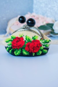 Handmade Beaded Coin <b>Purse</b> with Clasp - <b>Red</b> Roses Floral Design - - Product Image 5