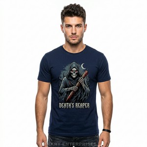 Grim Reaper Graphic Men Navy T Shirt Death Reaper Horror Print Tee Custom Cotton Short Sleeve <b>Tshirt</b> Manufacturer Bulk Export - Product Image 1