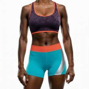 2 Piece Yoga Set High Waist Shorts Scoop Neck Racerback Crop Top Color Blocking Contrast Binding Seamless Breathable - Product Image 2