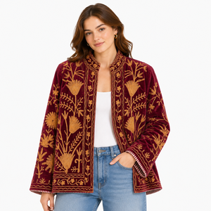 Women Velvet Embroidered <b>Jacket</b> <b>Mandarin</b> <b>Collar</b> Lantern Sleeve Floral Boho Style Autumn Coat Handmade Suzani Pattern - Product Image 1