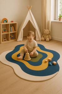 Tapis de salon de luxe sur mesure, blanc, bleu, doré, trois couches, design irrégulier, motif unique, cadeau - Product Image 4
