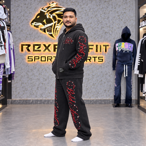 Conjunto de Invierno Personalizado para Hombre: Sudadera con Capucha Negra con Cremallera, Pantalones Anchos de Felpa de Algodón con Bordado y Detalles de Cuentas, Etiqueta Personalizada - Product Image 3