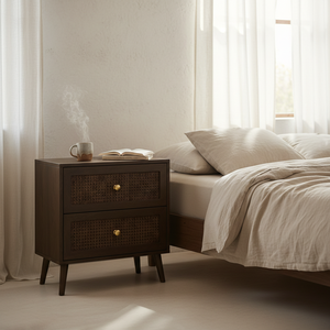 Table d'appoint moderne et écologique à 2 tiroirs, 5+ compartiments, en bois d'hévéa, MDF, placage de chêne, détails en rotin - Table de rangement pour salon - Product Image 2