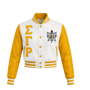 เสื้อแจ็คเก็ตครอปผ้าซาติน Sigma Gamma Rho สำหรับผู้หญิง เสื้อคลุมบอมเบอร์แบบสวมซิป สไตล์ลำลอง น้ำหนักเบา เสื้อผ้าสำหรับชมรมนักศึกษา เสื้อผ้าแฟชั่น เสื้อคลุมสำหรับออกนอกบ้าน เสื้อผ้าสั่งทำพิเศษ - Product Image 1