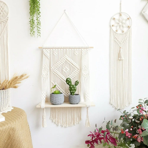 Simple Unique Macrame Wall Hanging Cotton Rope with <b>Pine</b> Wooden <b>Shelf</b> Bohemian Handmade Decorative Wall Hanging for Home Décor - Product Image 5